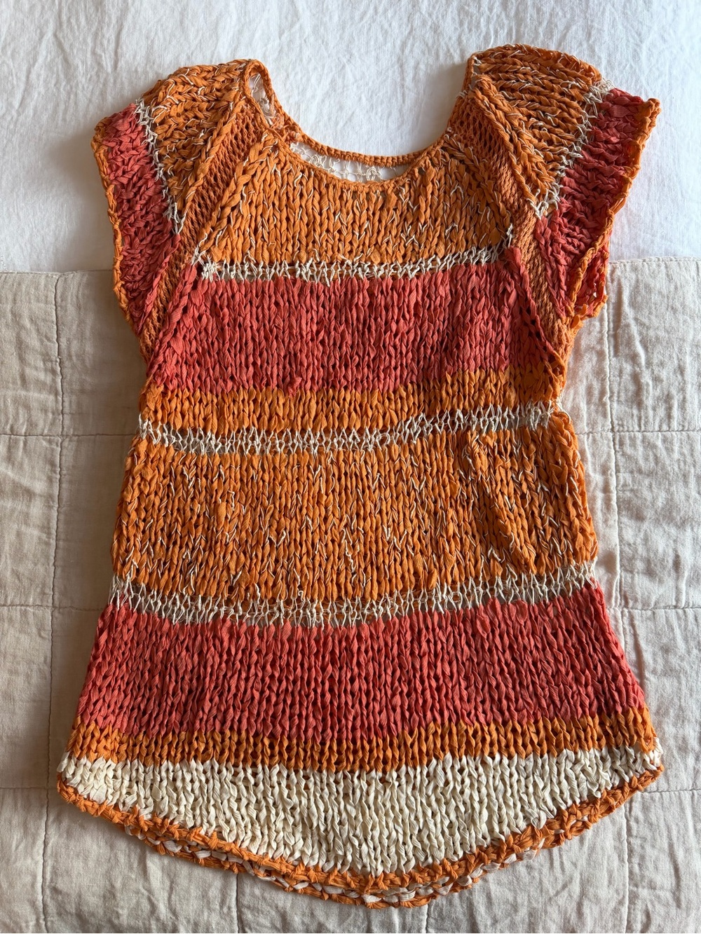 hinge Orange & Cream Open-Knit Short Sleeve Top